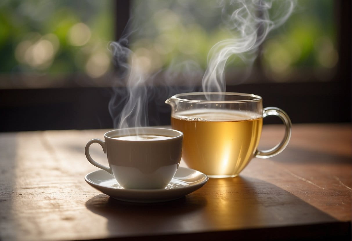 A steaming cup of white tea sits on a wooden table, emitting a delicate fragrance. The pale liquid glistens in the soft light, inviting a sip