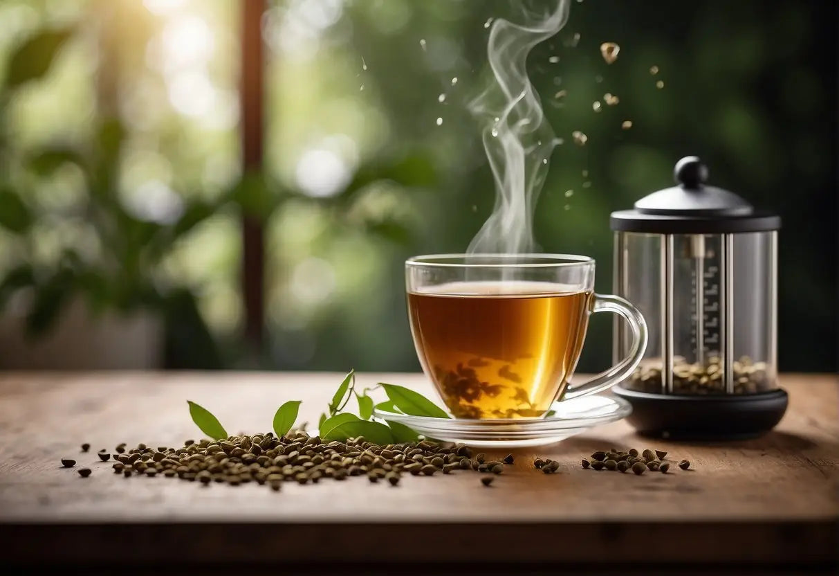A steaming cup of jasmine tea sits on a wooden table, surrounded by scattered tea leaves and a small digital scale. A chart showing caffeine levels in different tea varieties is pinned to the wall behind it