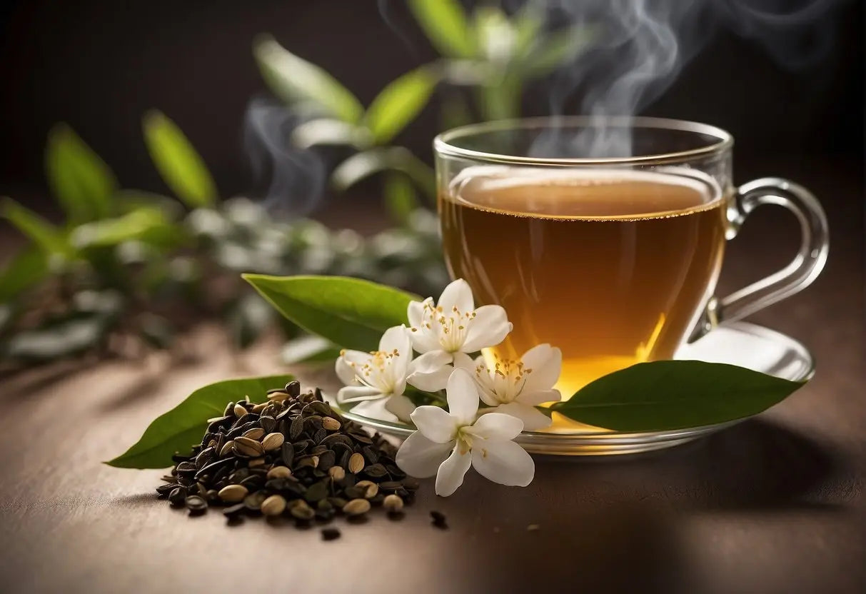 A steaming cup of jasmine tea with a caffeine content label and a pile of jasmine tea leaves in the background