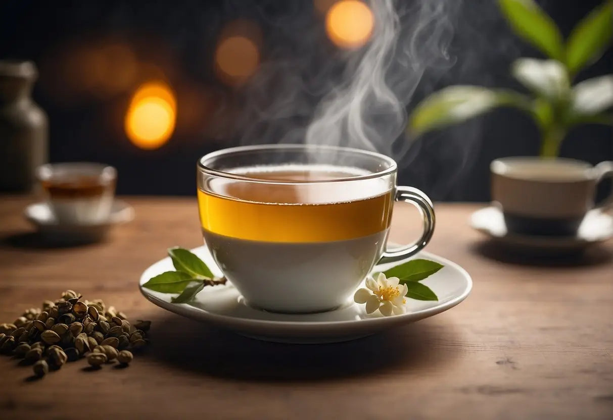 A steaming cup of jasmine tea next to other teas, highlighting its caffeine content