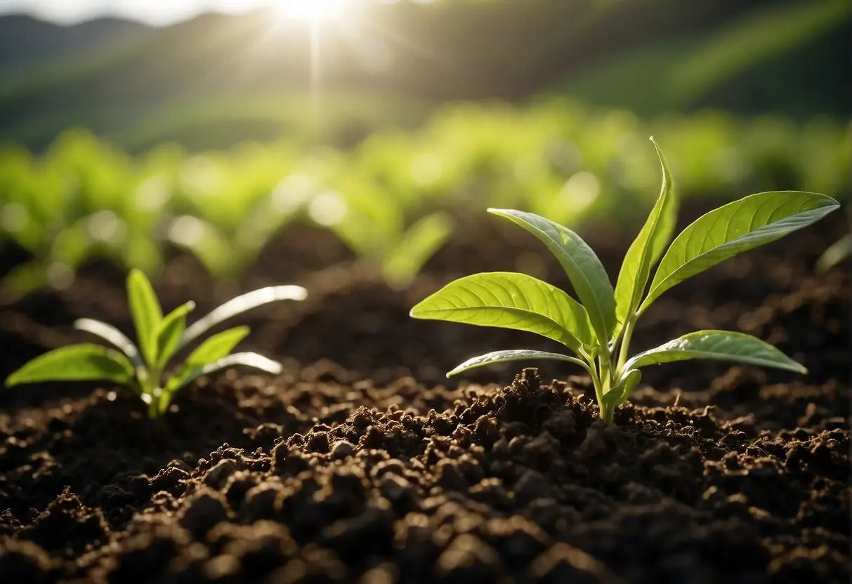 Rich, dark soil with rolling hills and lush green tea plants. Sunlight filters through the leaves, casting dappled shadows on the ground