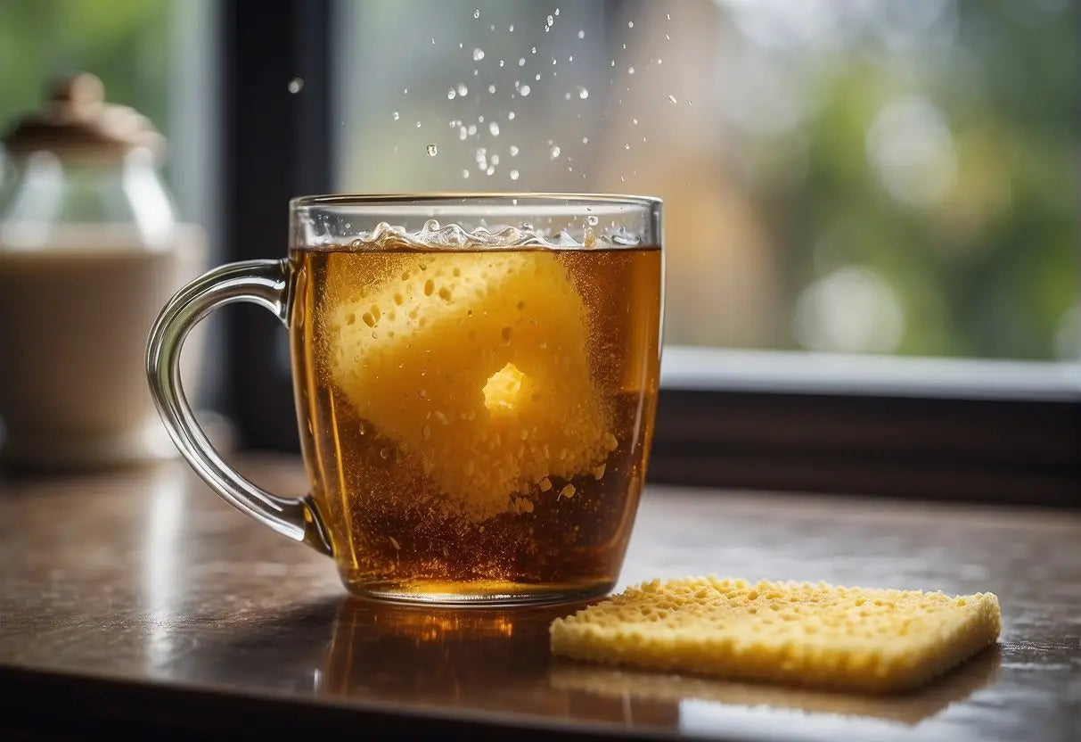 A sponge scrubbing a tea-stained mug under running water