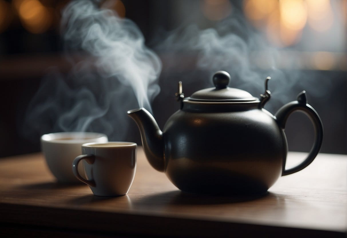 A teapot steams on a table. A cup of brewed tea sits beside it. A plume of smoke rises from the cup
