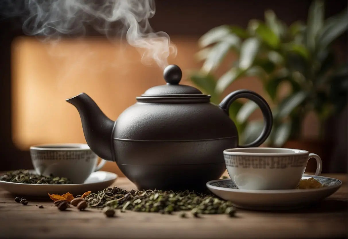 A teapot releasing aromatic steam as loose tea leaves swirl in the air, with a stack of FAQ papers nearby