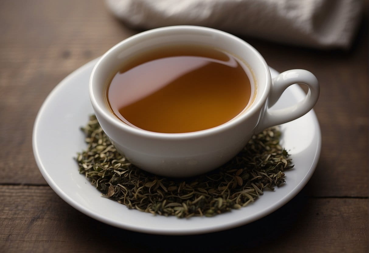 A cup of tea sits on a table, surrounded by moldy tea leaves and a foul smell emanating from it. The liquid inside appears discolored and murky, indicating spoilage