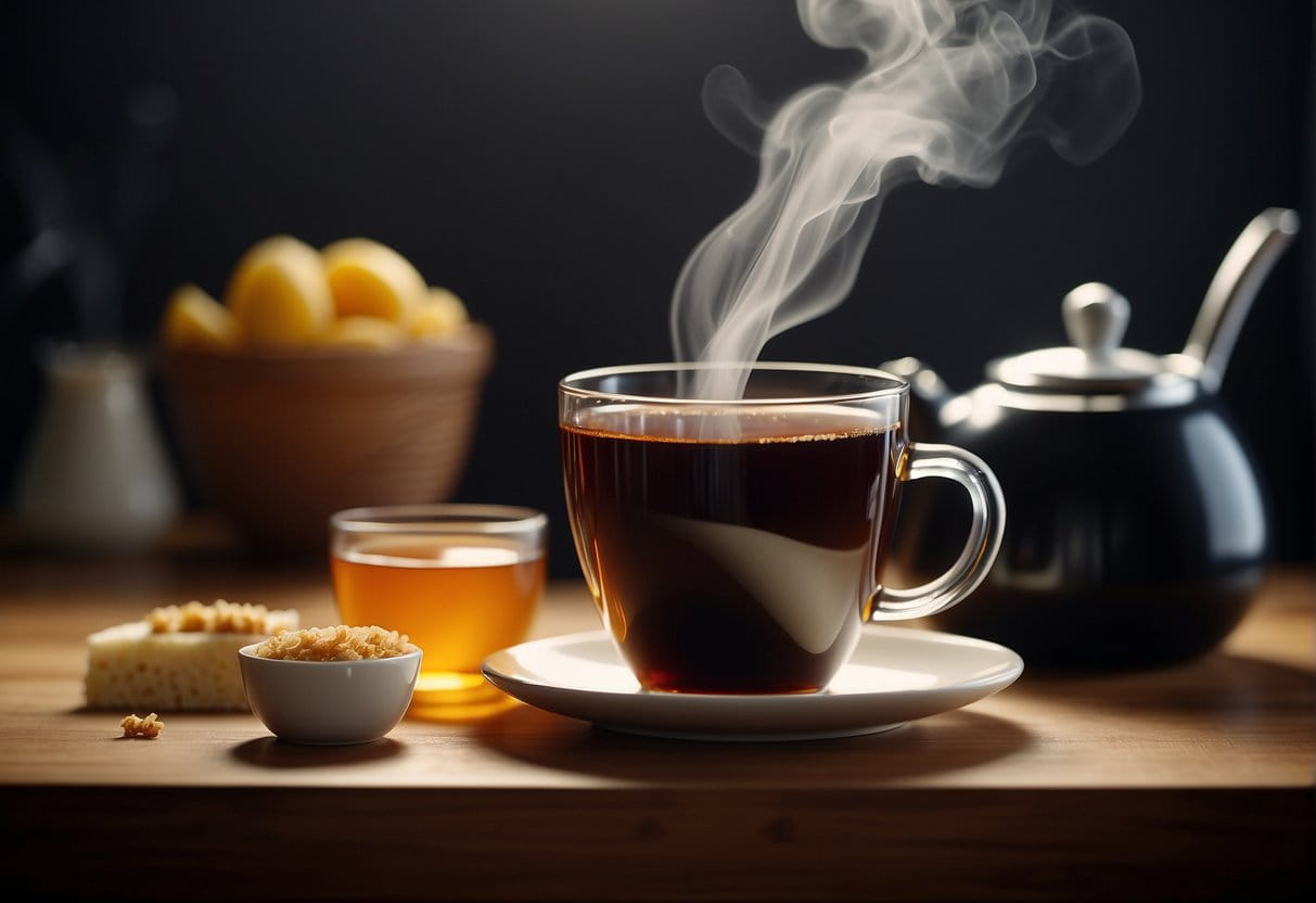 A steaming cup of black tea sits on a kitchen counter, surrounded by a variety of ingredients such as sugar, honey, and milk. A nutrition label displaying the calorie count is visible on the packaging