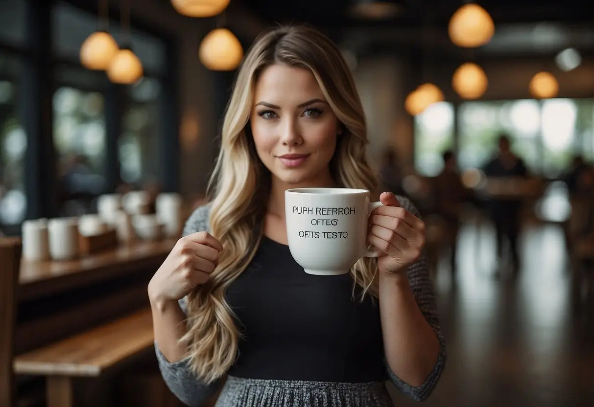 A pregnant woman holding a cup of pu-erh tea with a caution sign and a list of potential risks and side effects