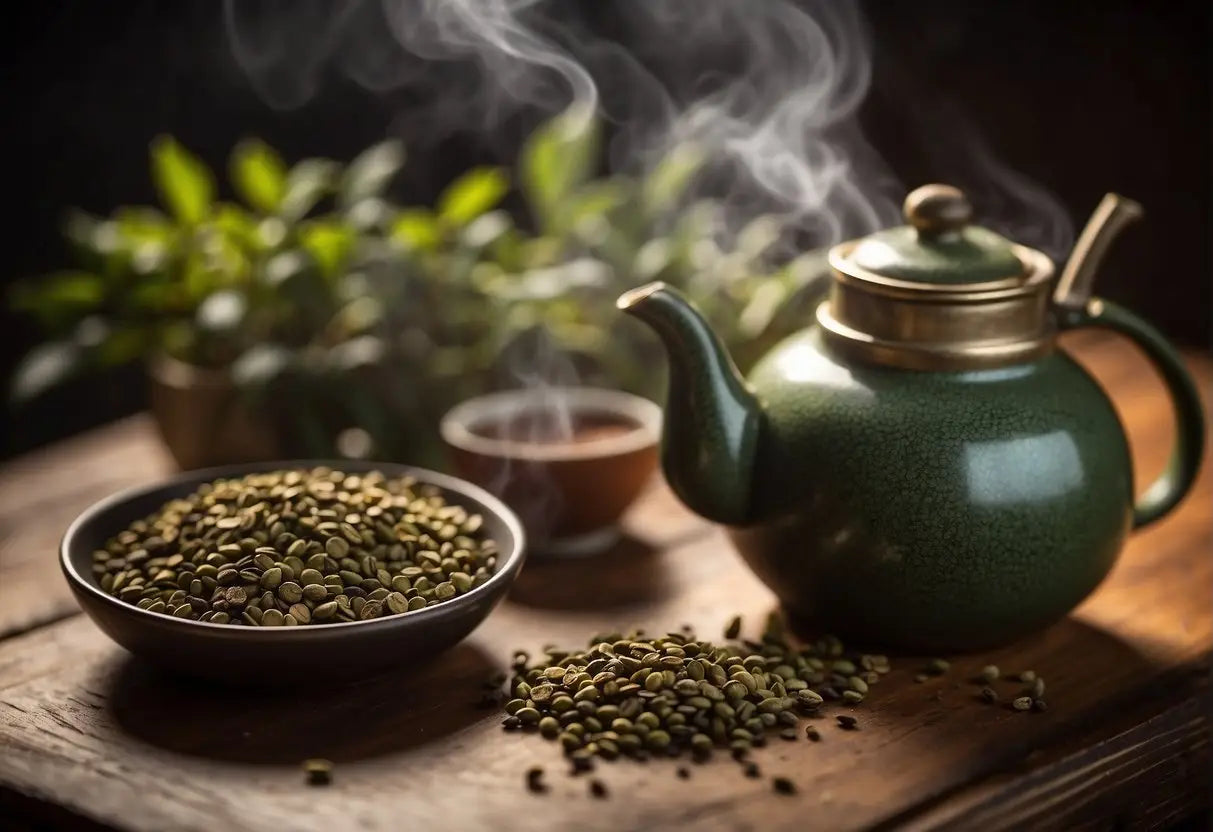 A steaming cup of tea sits on a wooden table, surrounded by various tea leaves and a teapot. A small caffeine chart is nearby, showing the different caffeine levels in each type of tea