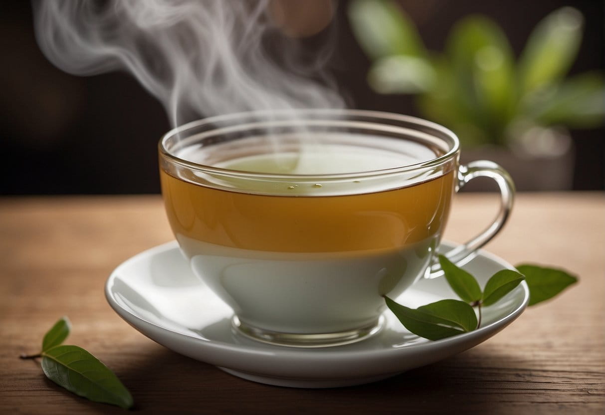 A steaming cup of oolong tea sits on a wooden table, emitting a fragrant aroma. The tea has a smooth, slightly sweet taste with floral and fruity notes, leaving a refreshing and lingering aftertaste