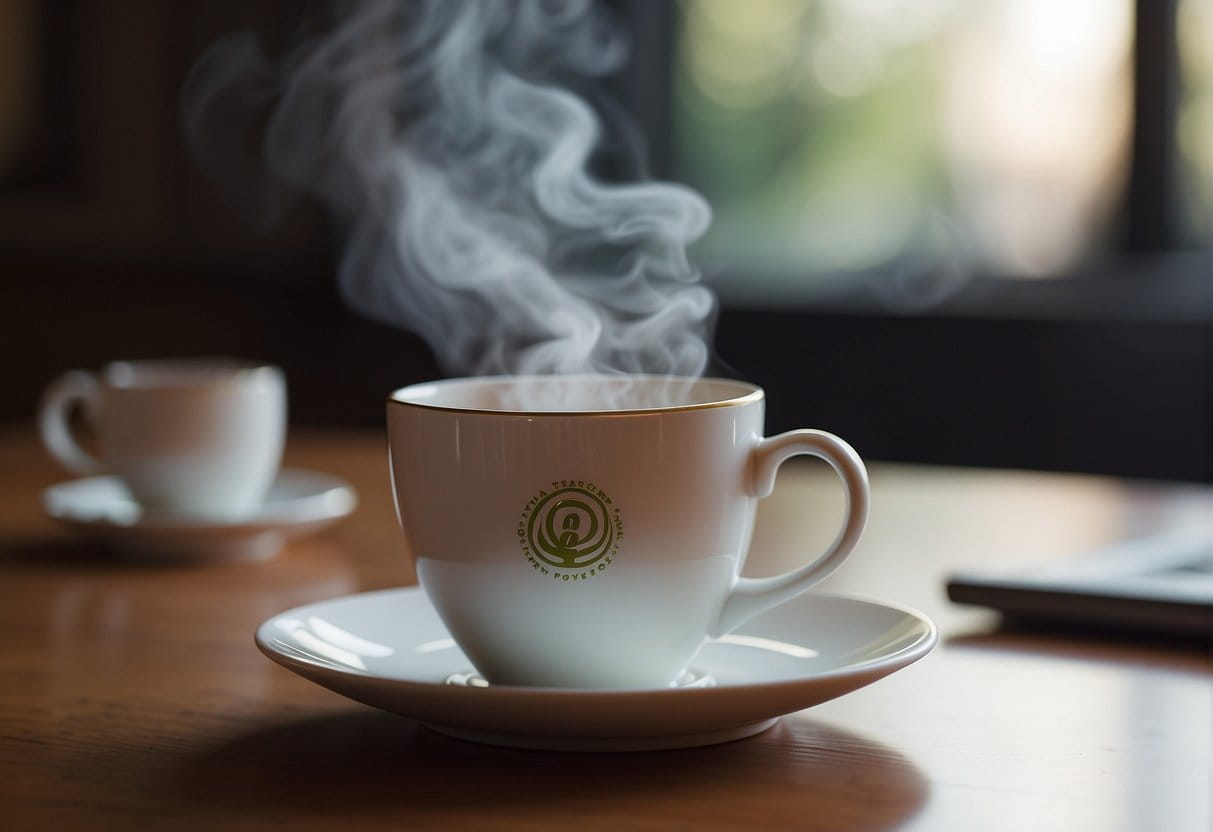 Tea cup on table, steam rising, question mark hovering above