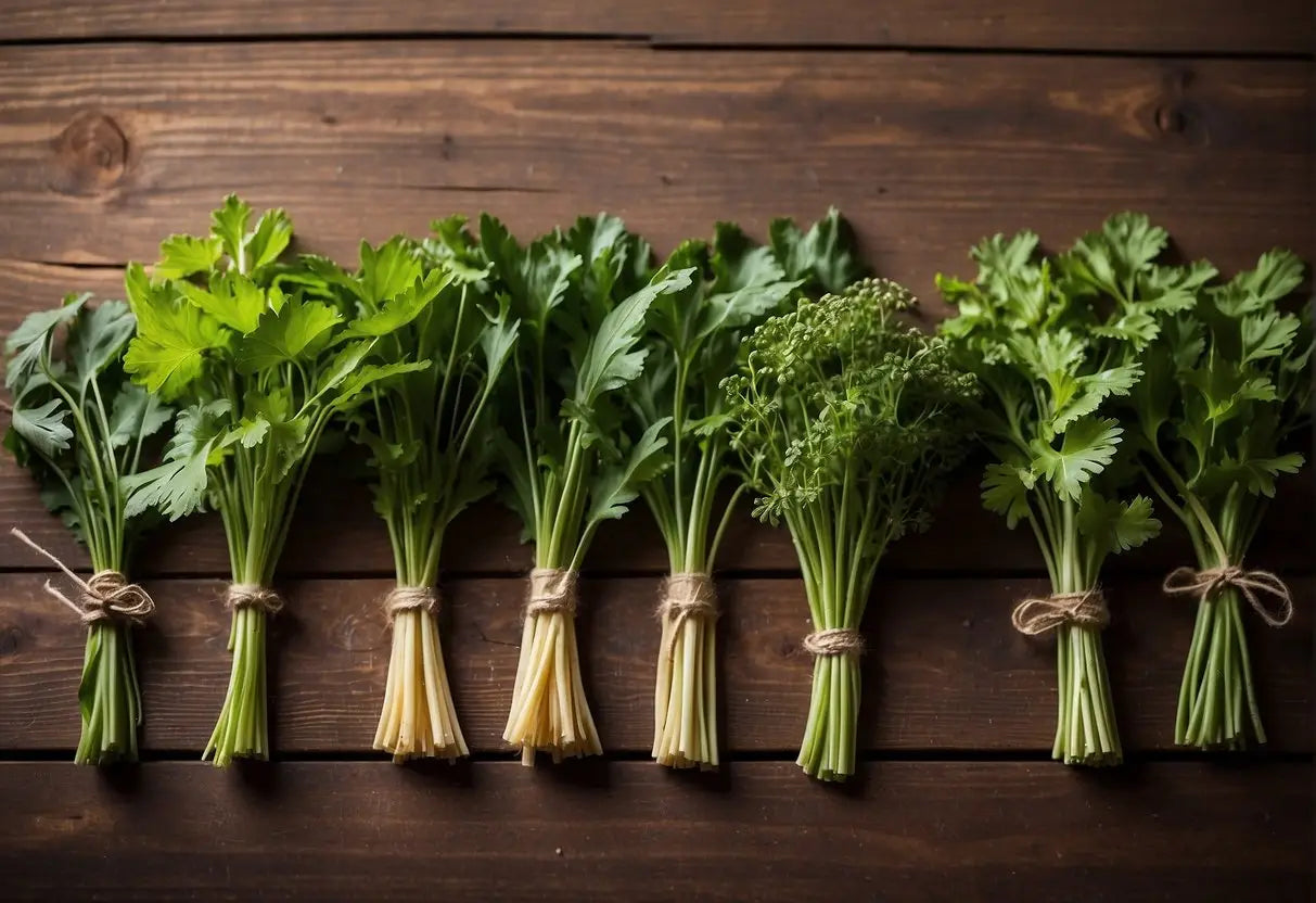 A variety of herbs and plants, such as dandelion root, nettle leaf, and parsley, are spread out on a wooden table, ready to be used for brewing herbal tea for kidney health