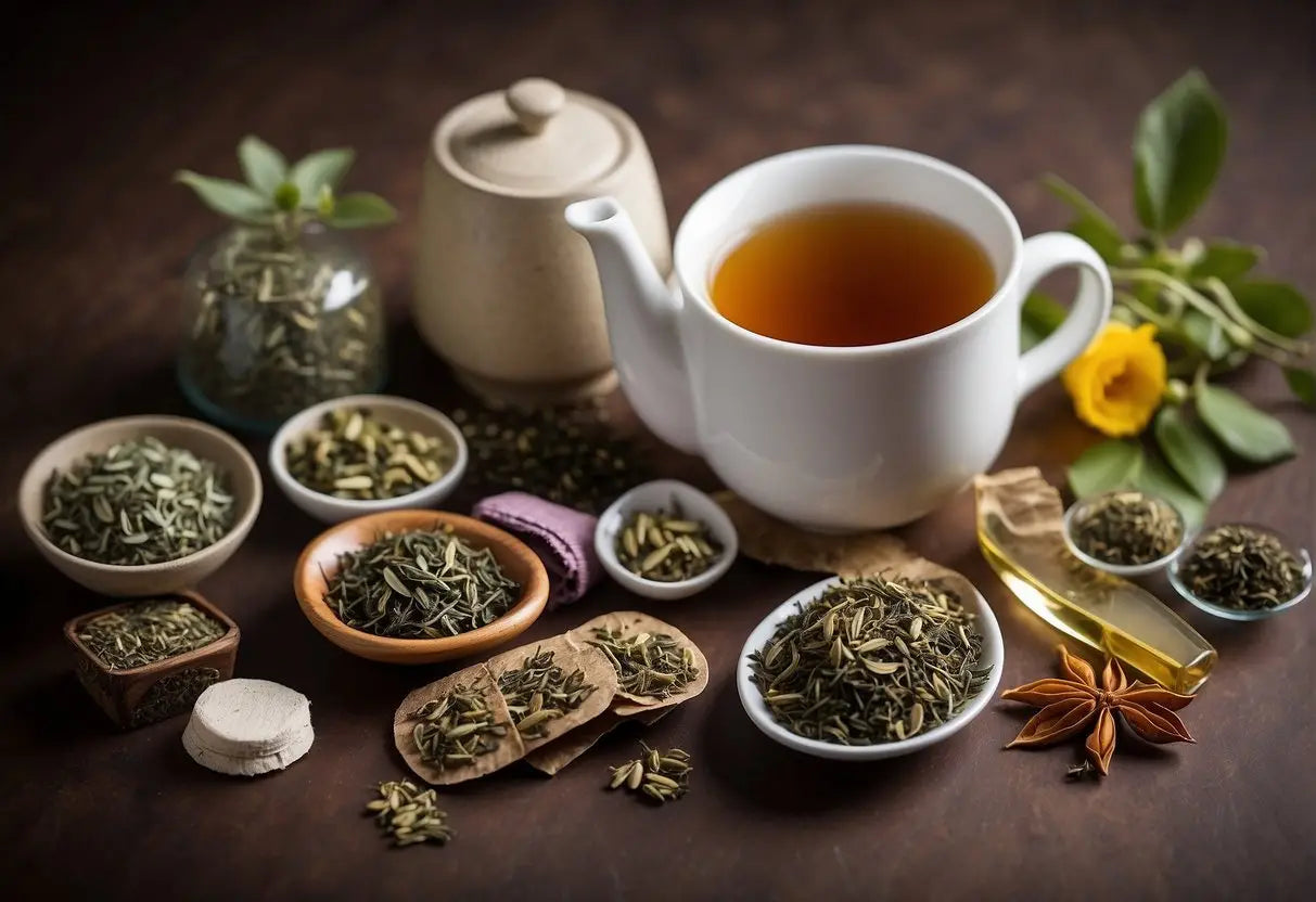 A variety of cleansing teas displayed with kidney-shaped tea bags and a list of possible side effects