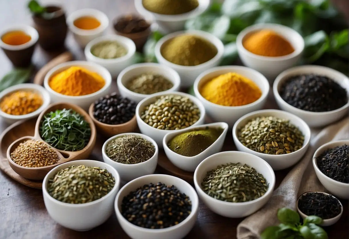 A variety of teas displayed with iron-rich ingredients like spinach and lentils. Emphasize vibrant colors and a calming atmosphere