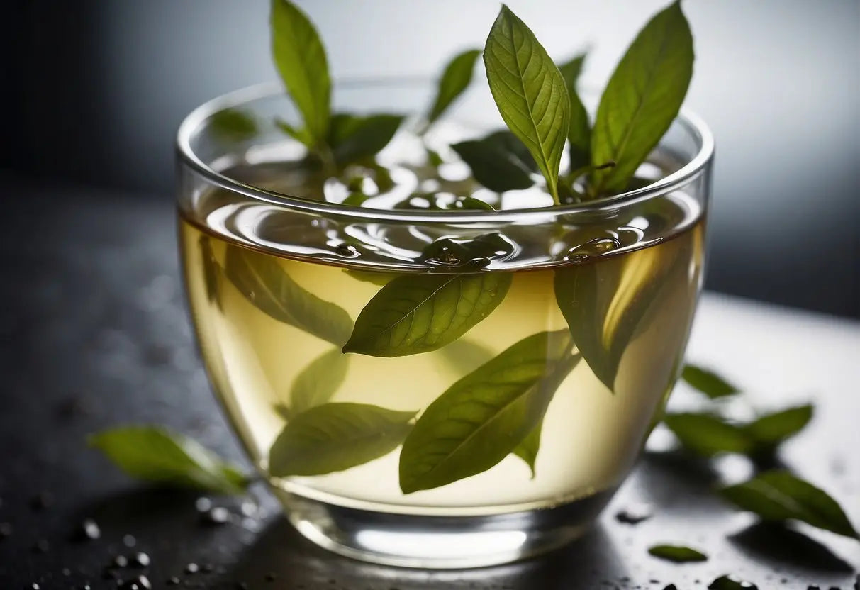 Tea leaves soaking in water, releasing caffeine. Water is then filtered to remove caffeine, leaving decaffeinated tea
