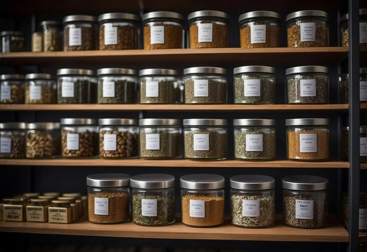 Loose leaf tea stored in airtight containers on a shelf, away from direct sunlight and moisture. Label containers with tea type and date