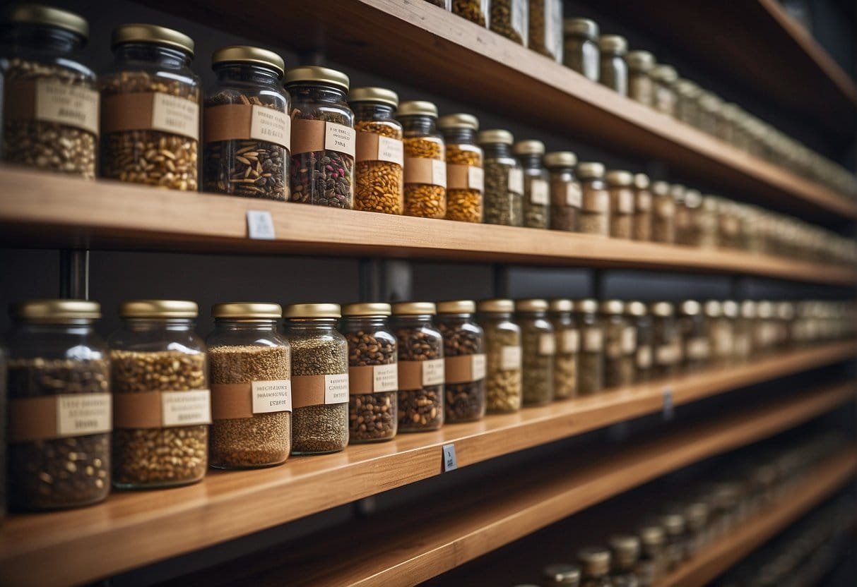 Loose leaf tea stored in airtight containers on a shelf, with labels indicating different tea varieties
