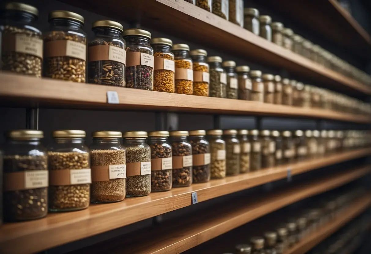 Loose leaf tea stored in airtight containers on a shelf, with labels indicating different tea varieties