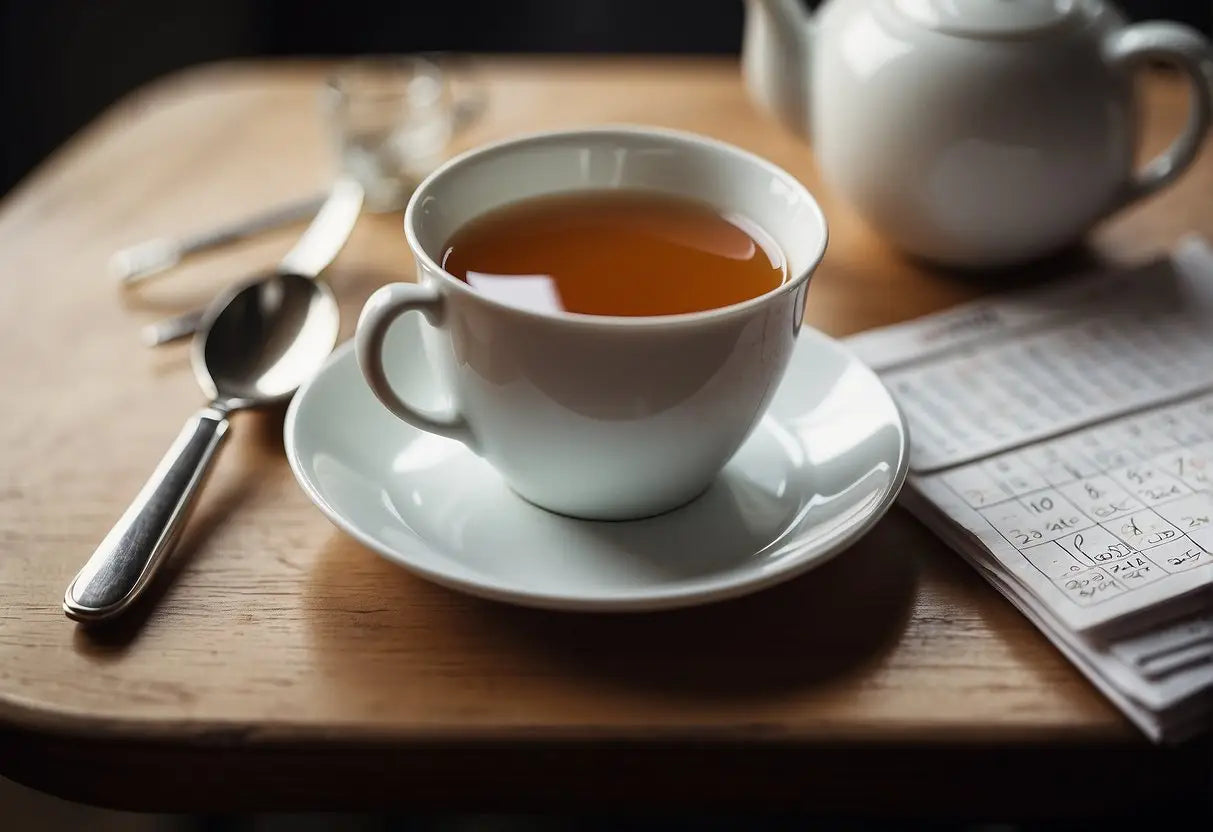 A person sits at a table with a cup of tea, a calendar showing the date of their recent tooth extraction, and a list of recommended times to start reintroducing tea into their diet