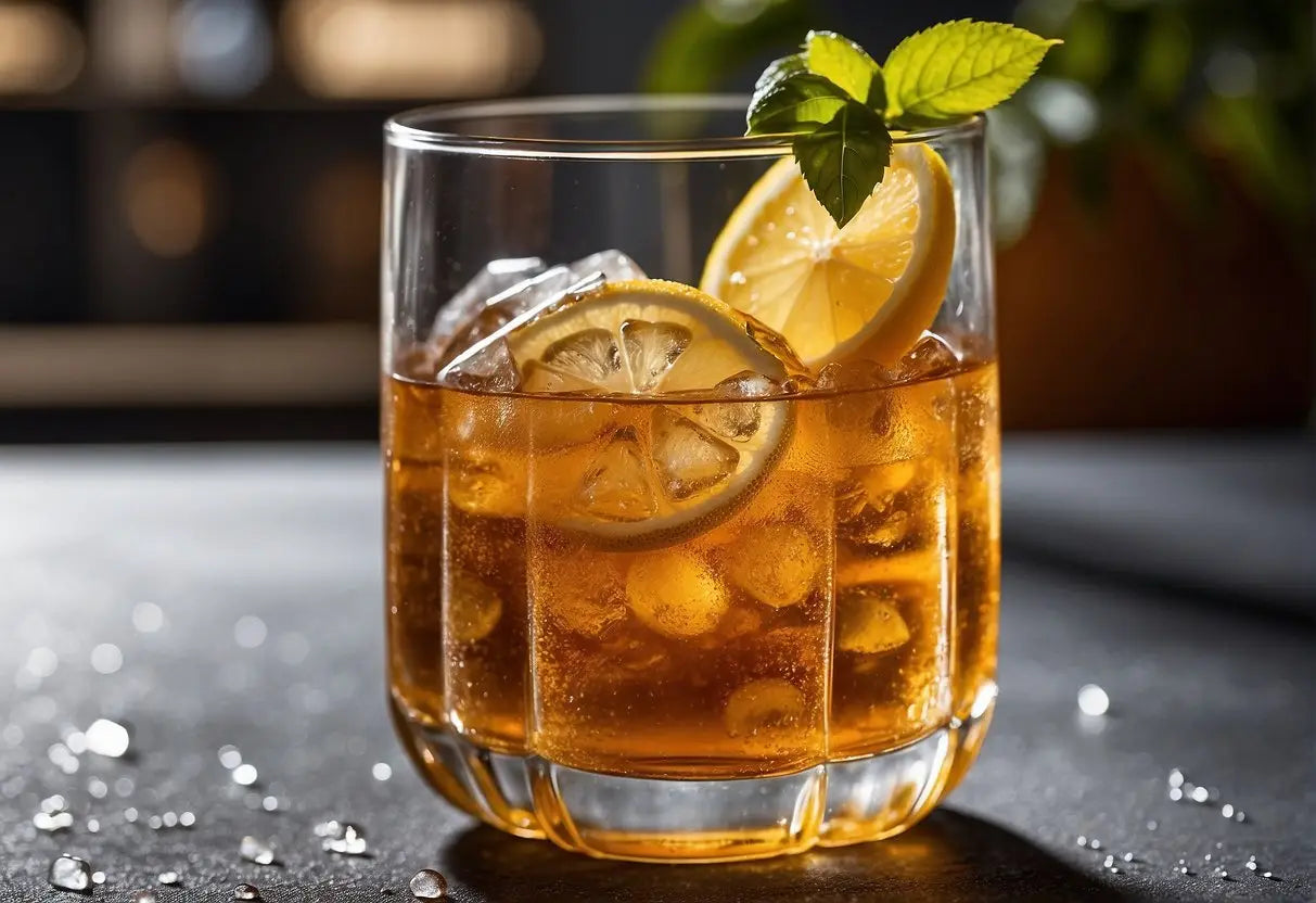 A glass of iced tea with condensation, ice cubes, and a cloudy, swirling liquid. A lemon wedge and straw are visible