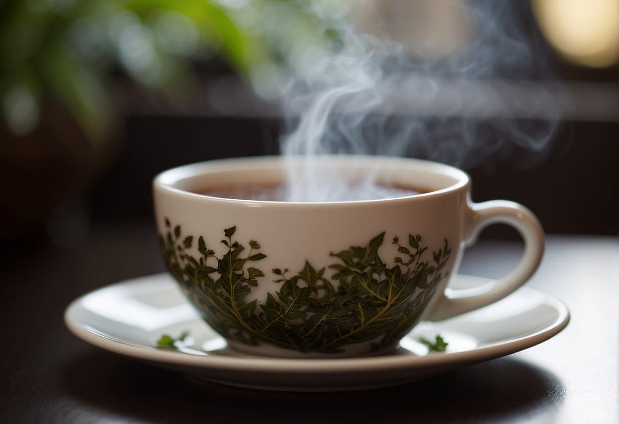 Steam rises from a cup of pu erh tea leaves. A rich, earthy aroma fills the air, while the dark, twisted leaves unfurl in the hot water