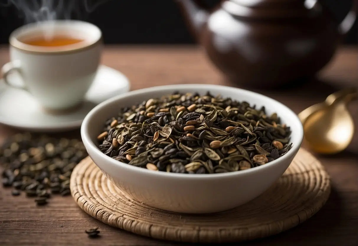 Pu-erh tea leaves surrounded by text: "Health Benefits and Claims." A steaming cup of tea sits nearby