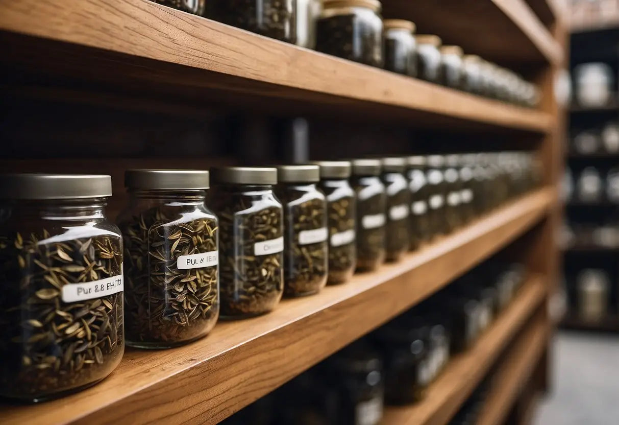 A wooden shelf with labeled containers of Pu Erh tea leaves, stored in a cool, dry place away from sunlight