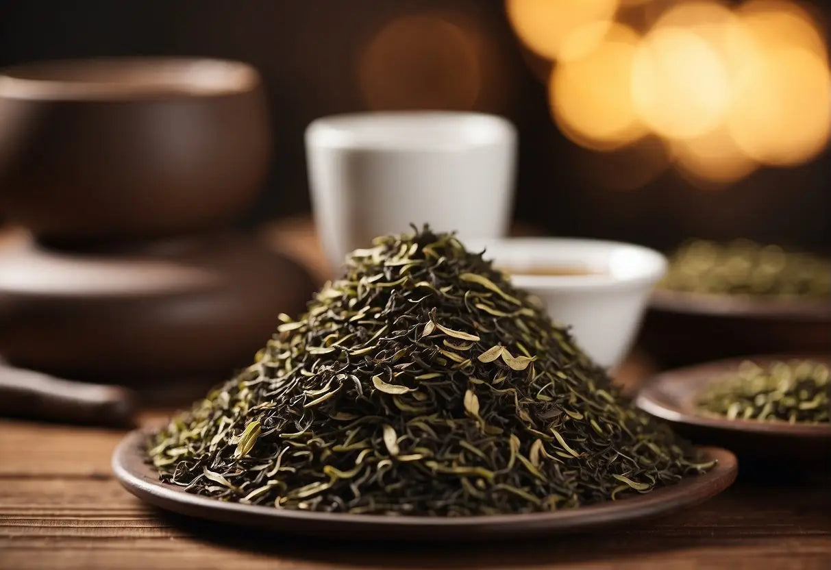 A pile of pu erh tea leaves surrounded by a stack of FAQ cards