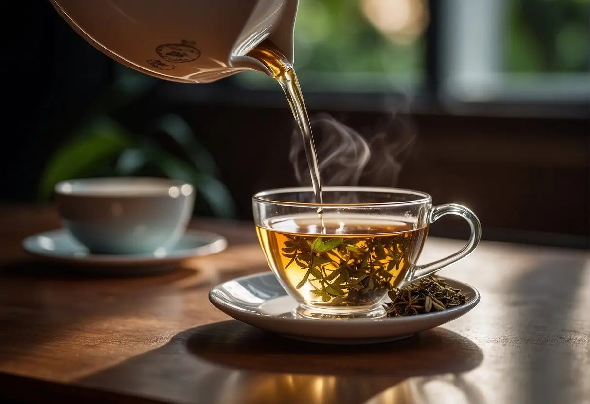 A table set with a teacup, saucer, and loose tea leaves. A hand pouring hot water into the cup. Steam rising