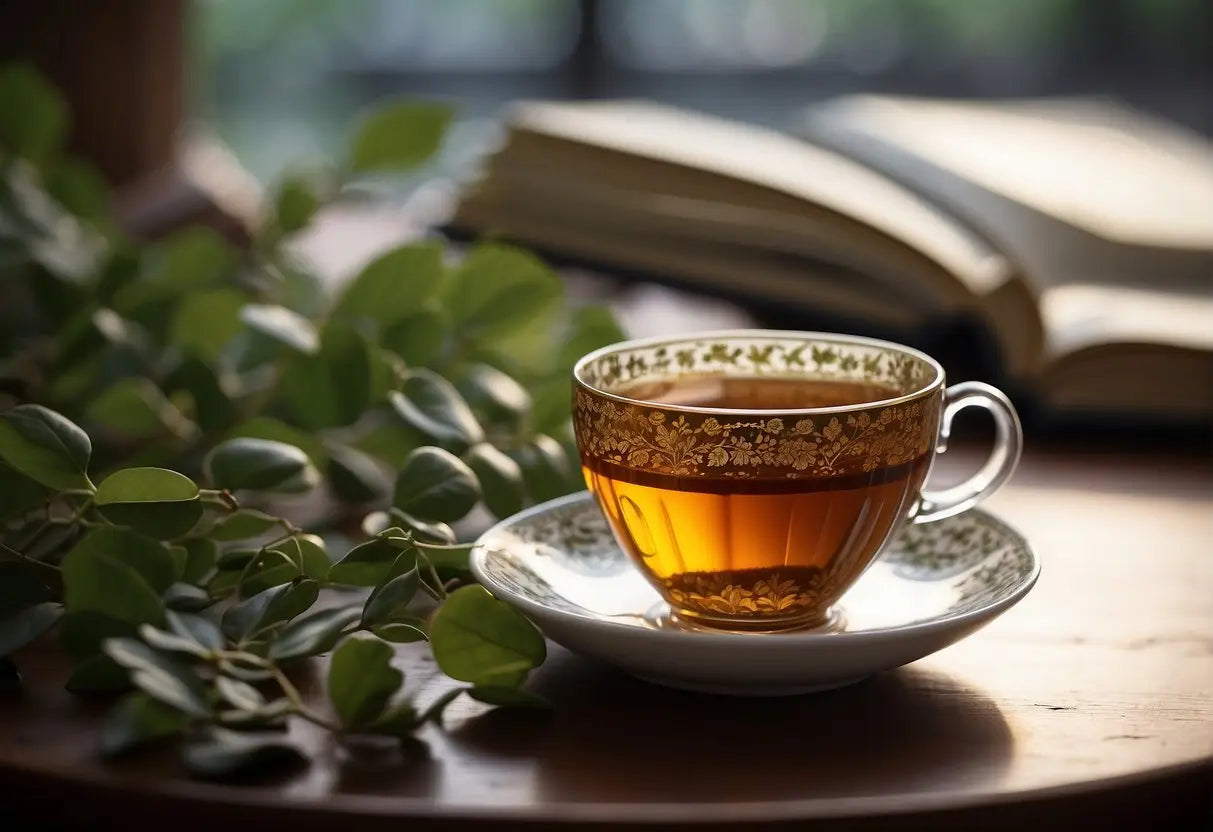 A teacup sits on a saucer, with scattered tea leaves forming patterns. A book titled "How to Read Tea Leaves" lies open nearby