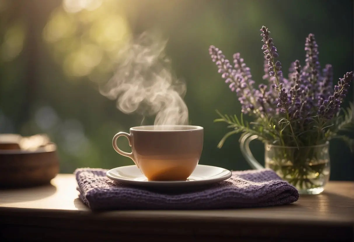 A serene setting with a steaming cup of chamomile tea, a calming lavender plant, and a cozy blanket