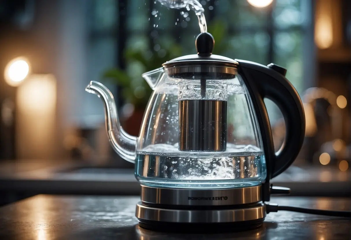The kettle is being filled with water from the tap, steam rising