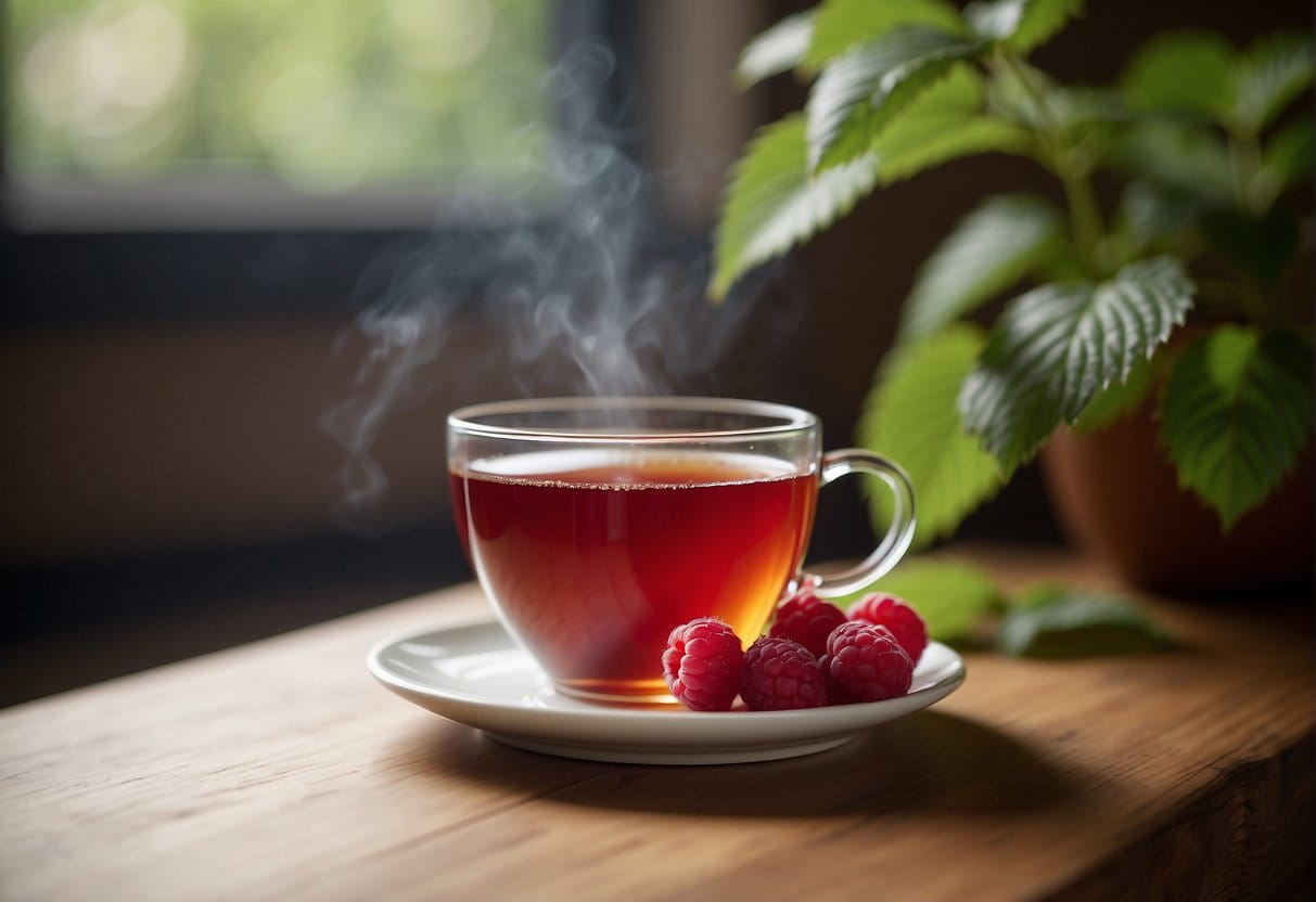 A cup of raspberry leaf tea steams on a wooden table, exuding a delicate, earthy aroma with hints of sweet, tart raspberry