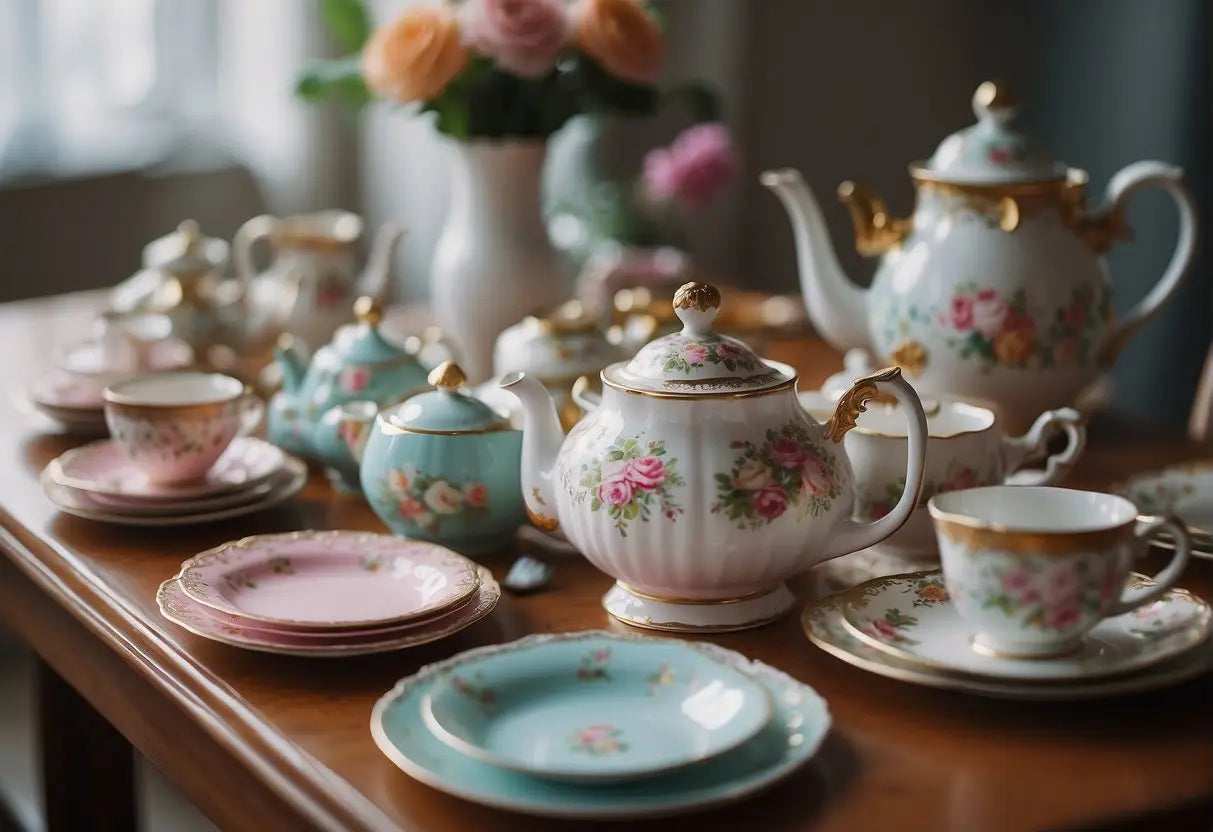 Children's tea party clothes laid out on a table with frilly dresses, bow ties, and fancy hats