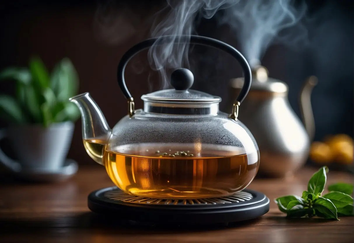 A teapot steams on a stove, filled with boiling water and loose tea leaves. A timer sits nearby, set for the recommended steeping time