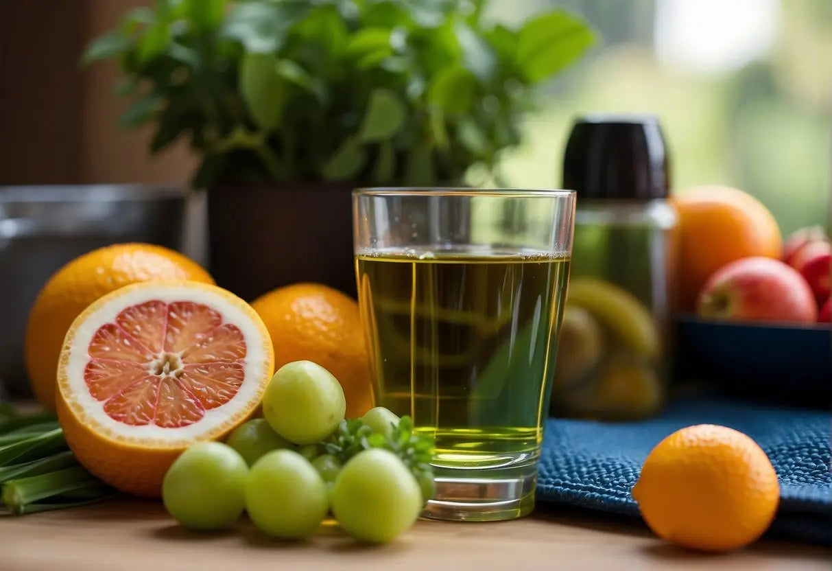 A cup of herbal tea sits next to a bottle of water, surrounded by fresh fruits and vegetables. A yoga mat and running shoes are nearby