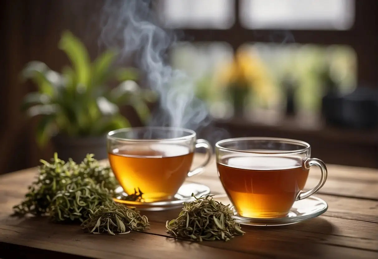 A collection of colorful herbal tea bags arranged on a wooden table, with a steaming cup of tea in the background
