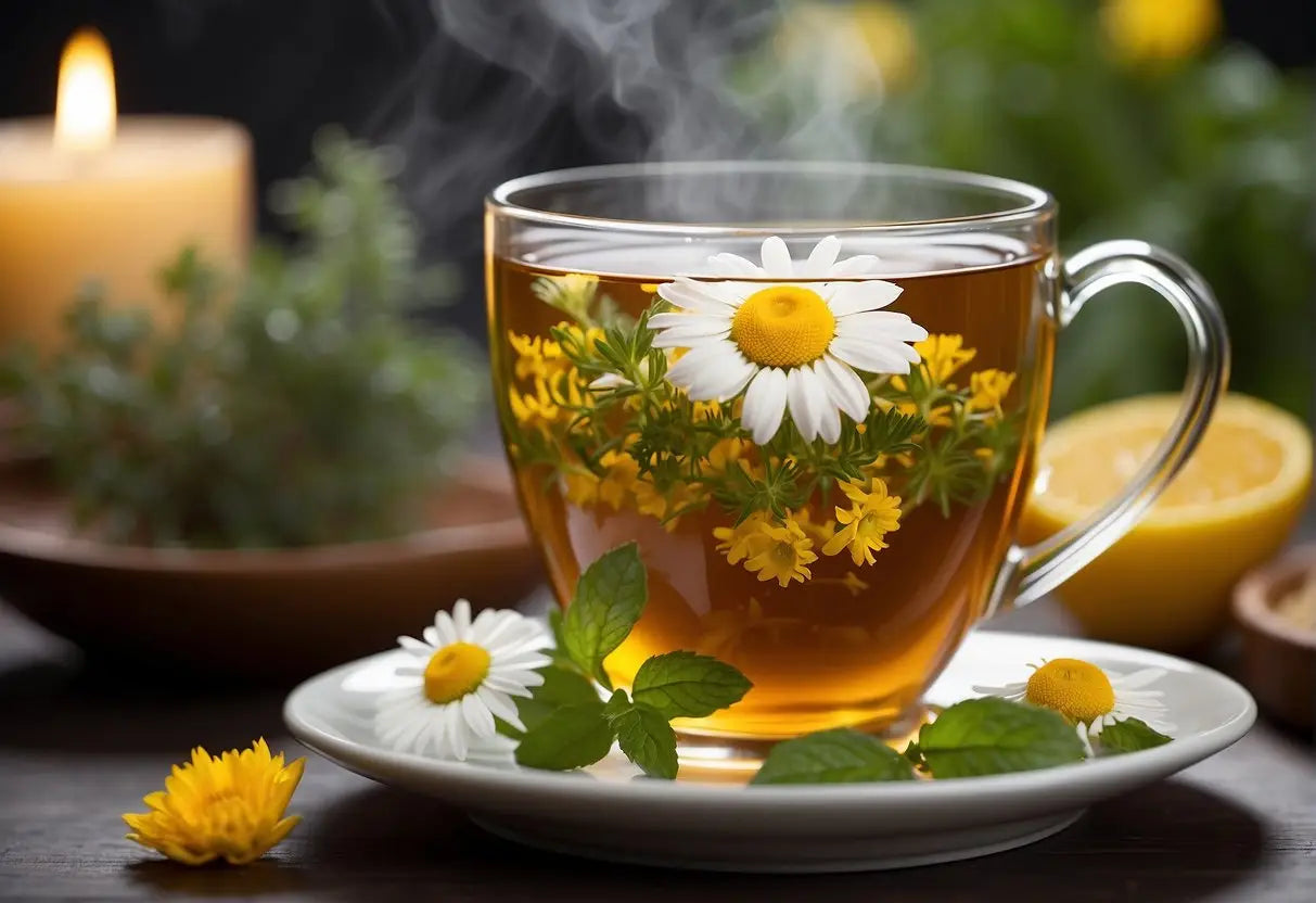 A steaming cup of herbal tea surrounded by soothing ingredients like chamomile, ginger, and mint, with a comforting warmth emanating from the mug