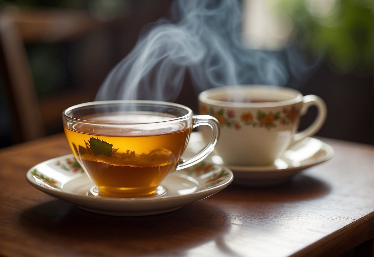 A teacup with a steaming cup of tea on a saucer, surrounded by a calorie counter and nutritional information