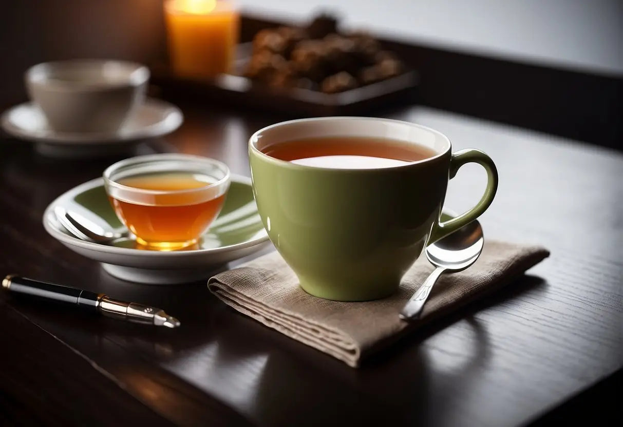 A table with a tea cup, a teaspoon, a nutrition label, and a pen