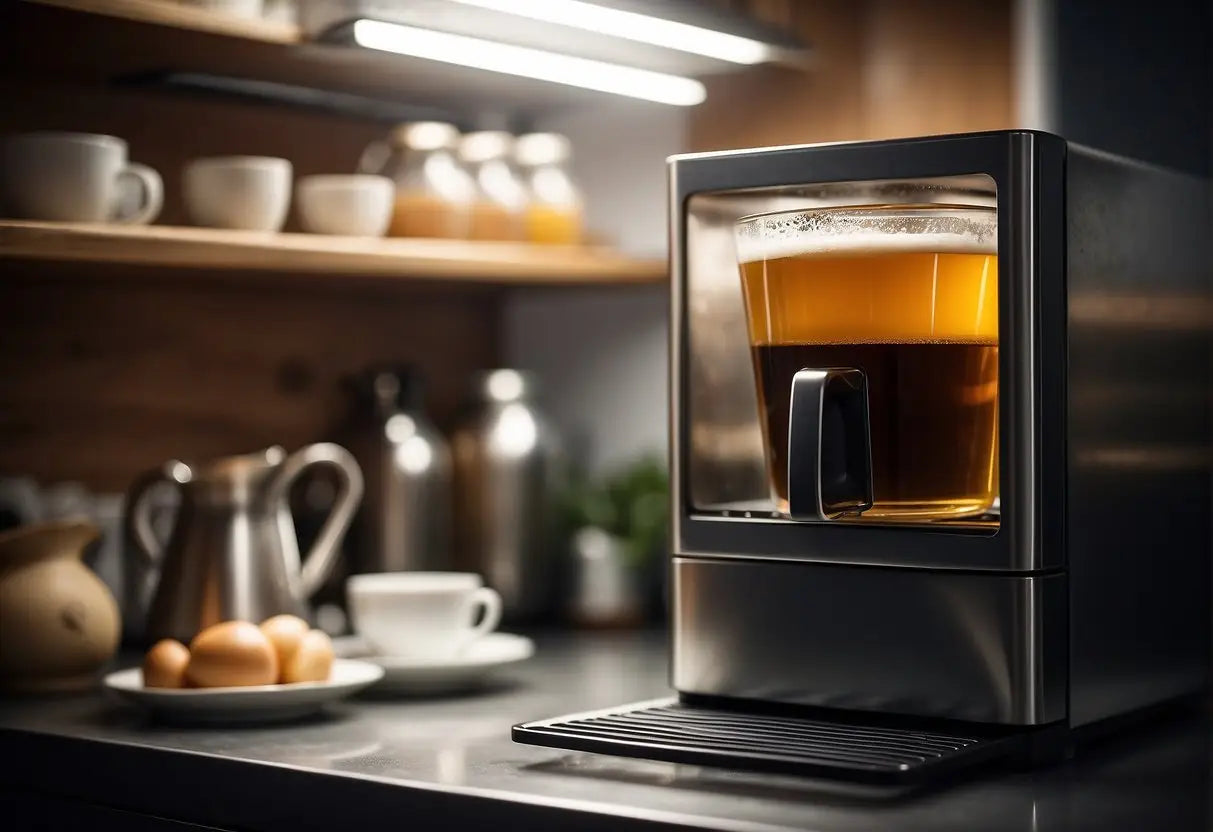 Brewed tea sits on a shelf next to an open refrigerator door. A cold mist escapes as the tea is placed inside