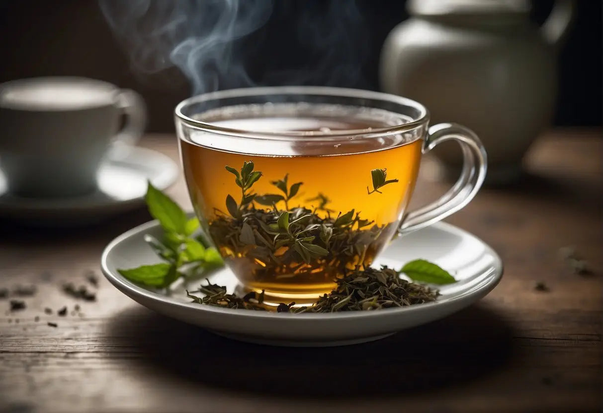 A cup of tea sits on a table, surrounded by signs of spoilage: moldy tea leaves, a sour smell, and discolored liquid