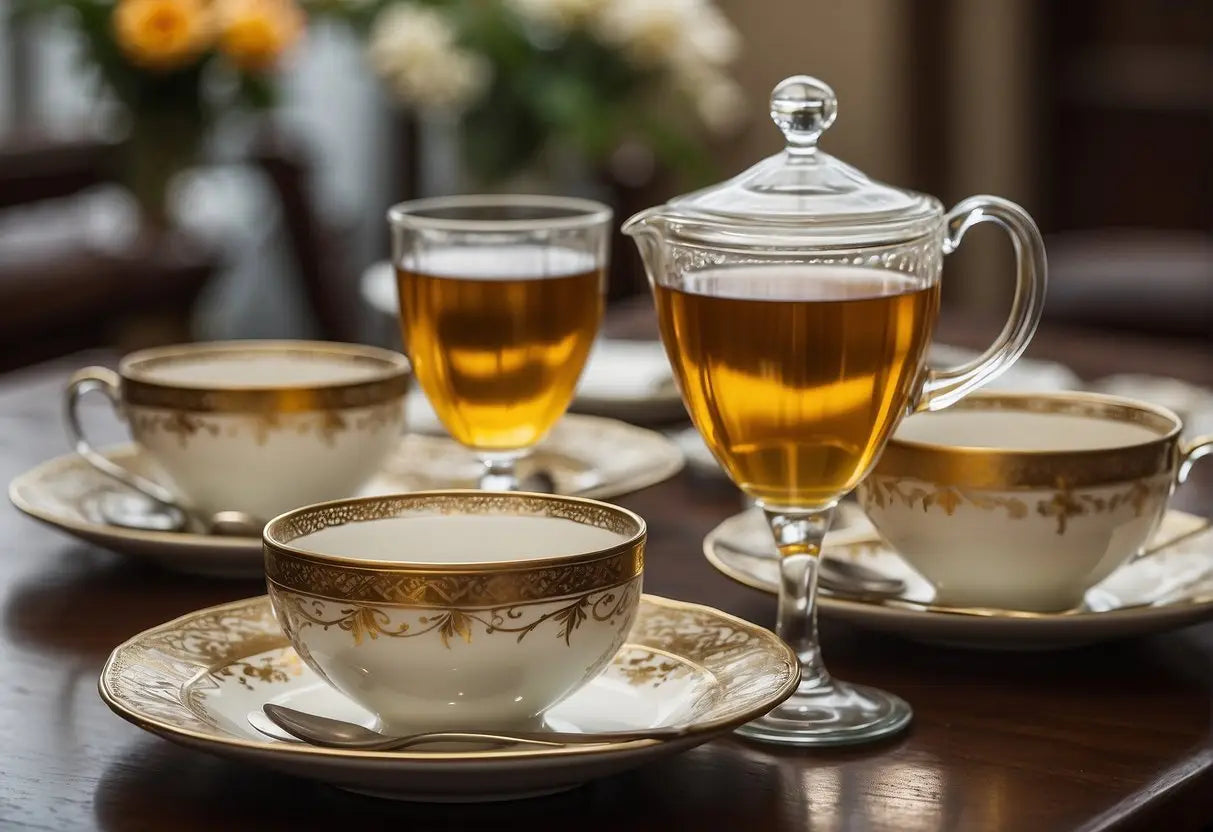 A table set with teacups, saucers, and a variety of tea options. A decorative menu display with options for hosting a tea party