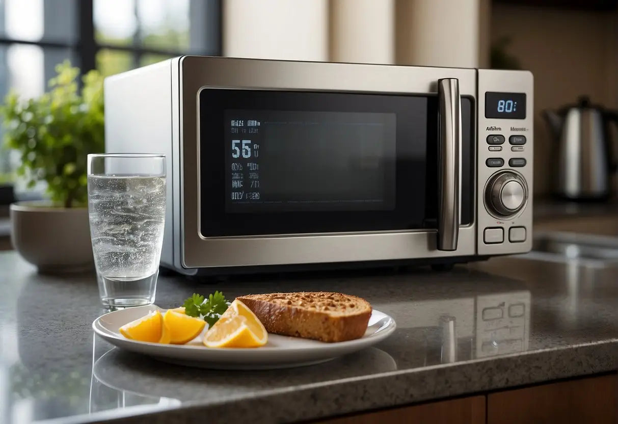 A microwave with a cup of water inside, a timer set for the appropriate time, and an altitude adjustment chart nearby