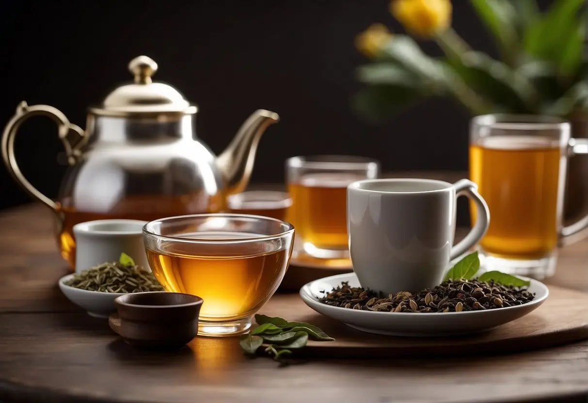 A table with various types of tea, a teapot, and a measuring cup showing recommended daily intake