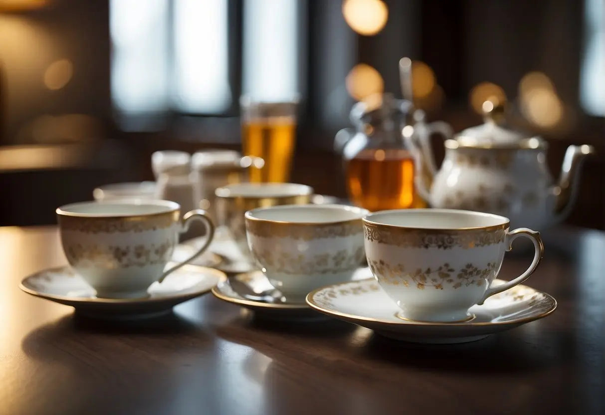 A table with various sizes of teacups, a thermometer, and a chart showing tea consumption levels