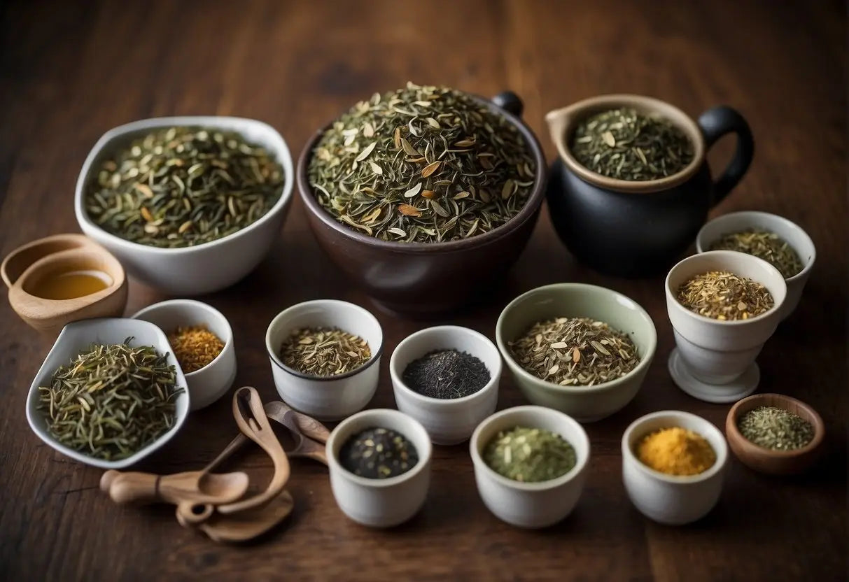 A variety of loose tea leaves spread out with labeled measurements for each cup