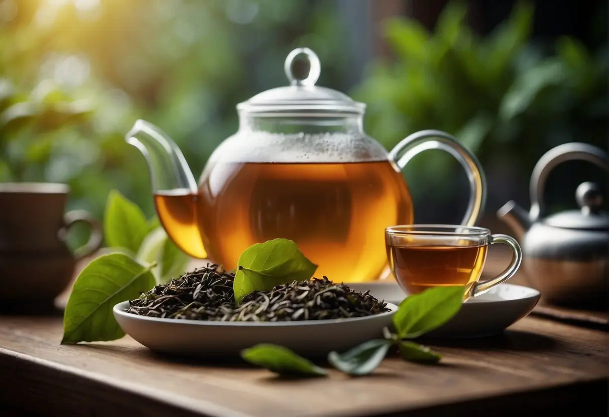 Tea leaves being measured into a teapot, with a measuring spoon and cups nearby for reference