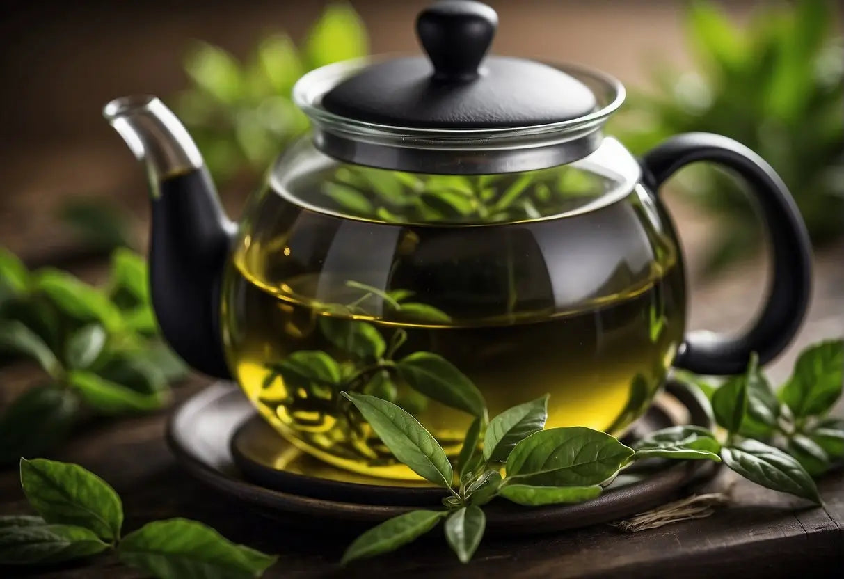 A teapot with loose green tea leaves steeping in hot water for the recommended time, with a timer nearby
