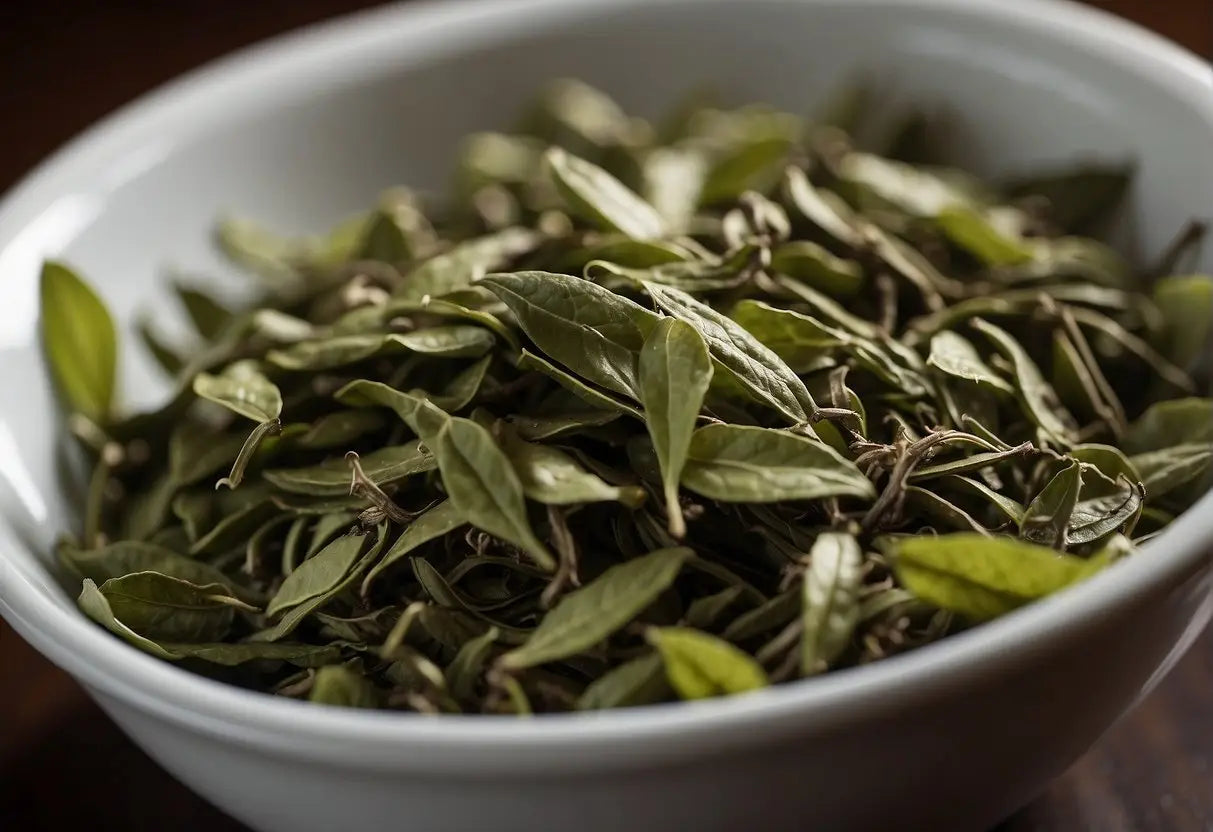 Green tea leaves left in hot water too long, resulting in bitter taste. Timer shows recommended steeping time