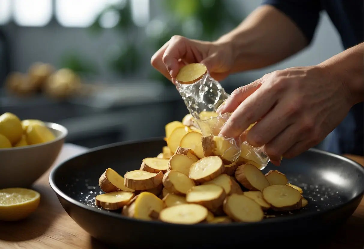 Fresh ginger root being peeled and sliced. Water boiling in a pot. Ginger slices added to the water. Steeping for 10 minutes
